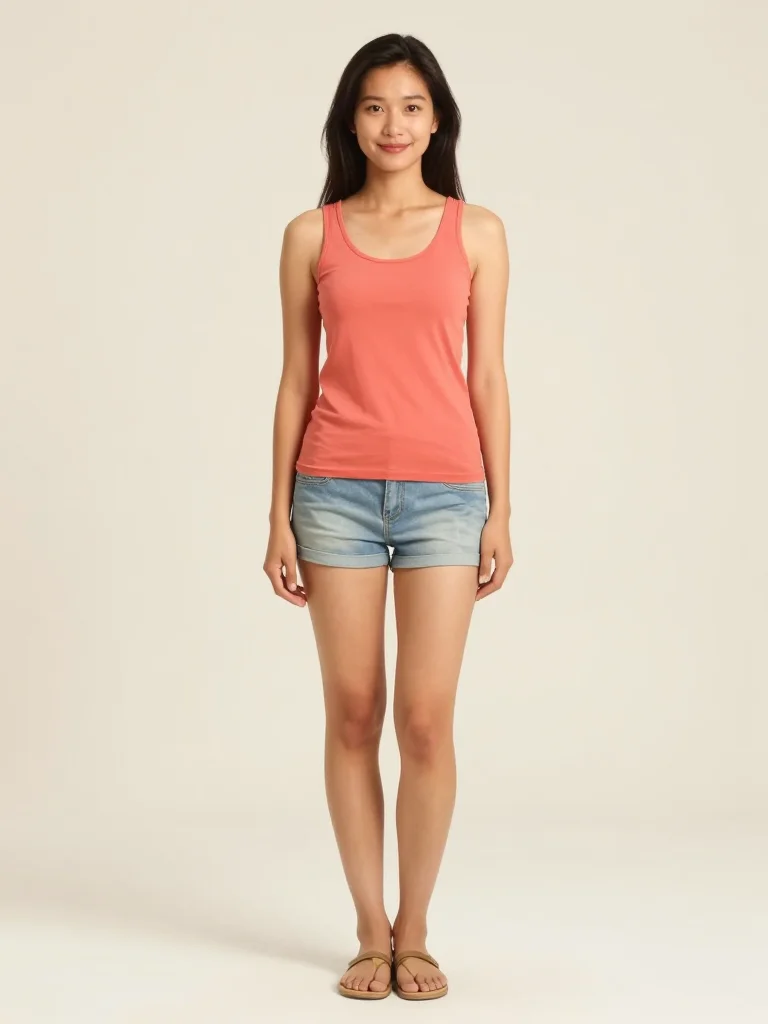 Summer: coral tank top and denim shorts